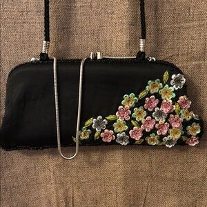 Floral Embroidered Black Clutch